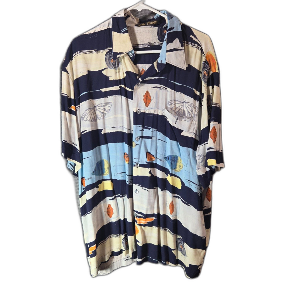 Alan Stuart Men's XL Vintage Rayon Shirt Ocean Fish Butterfly Print